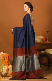 Midnight Blue Cotton Saree With a Stunning Red and Silver Pallu